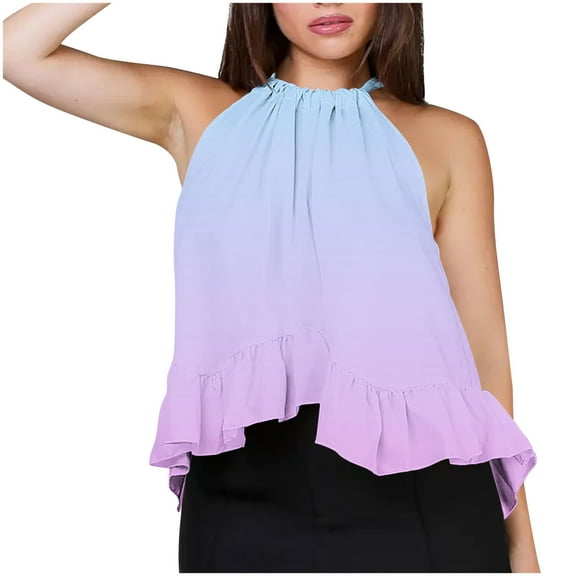 Hvot&aat Gradient Halter Tops for Women Boho Pleated Peplum High Neck Camisole Sleeveless Ruffle Hem Flowy Top