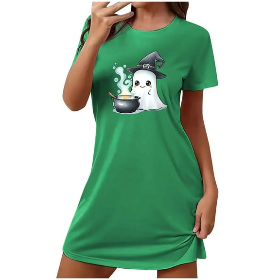 Hvot&aat Halloween Dresses for Women Ghost Graphic Short Sleeve Crewneck Nightdress Festival Casual Pajamas