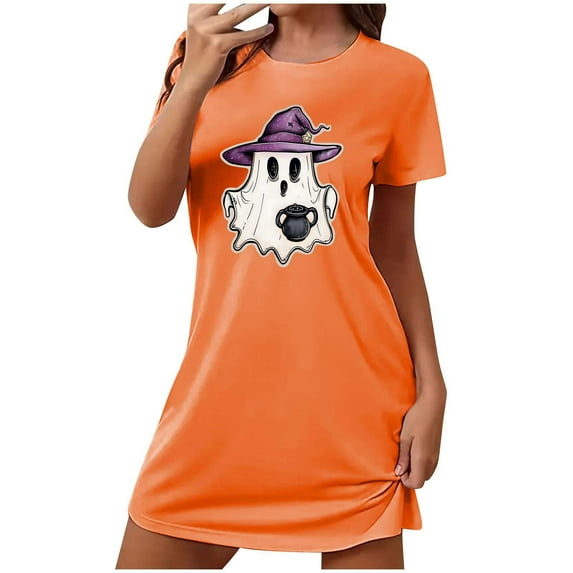 Hvot&aat Halloween Dresses for Women Ghost Graphic Short Sleeve Crewneck Nightdress Festival Casual Pajamas