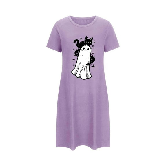 Hvot&aat Halloween Dresses for Women Ghost Graphic Short Sleeve Crewneck Nightdress Festival Casual Pajamas