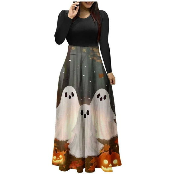 Hvot&aat Halloween Dresses for Women Long Sleeve Fall Winter Holiday Costume Pumpkin Print Patchwork Dress