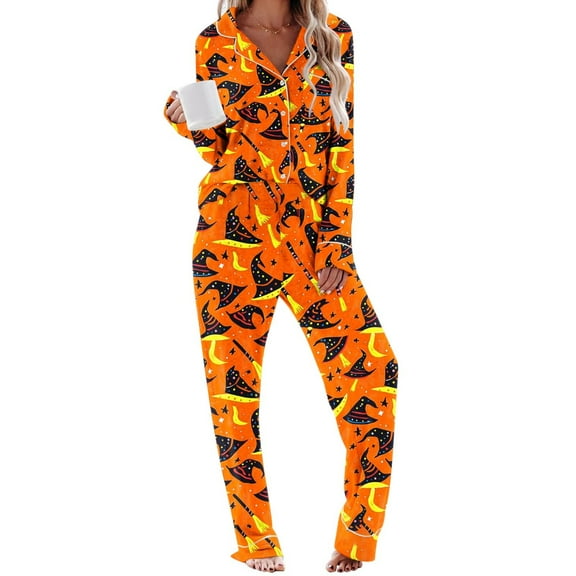 Hvot&aat Halloween Pajama Sets for Women Funny Cute Ghost Pumpkin Print Button Down Shirts Trousers Lounge 2 Piece