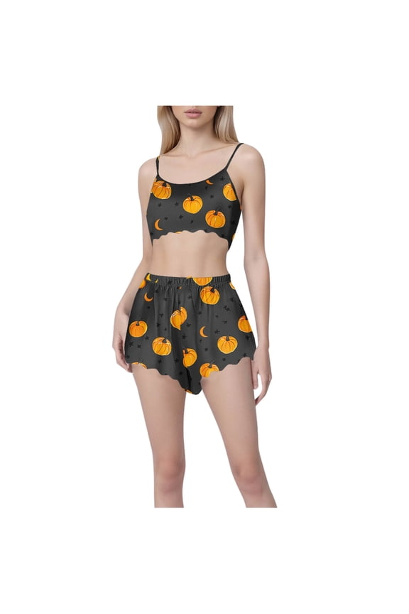 Halloween Pajamas Sets for Women Pumpkin Ghost Print Camisole Tank Tops and Shorts Casual Holiday Funny Sleepwear