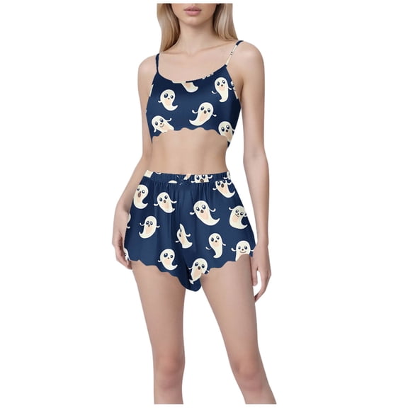 Hvot&aat Halloween Pajamas Sets for Women Pumpkin Ghost Print Camisole Tank Tops and Shorts Casual Holiday Funny Sleepwear