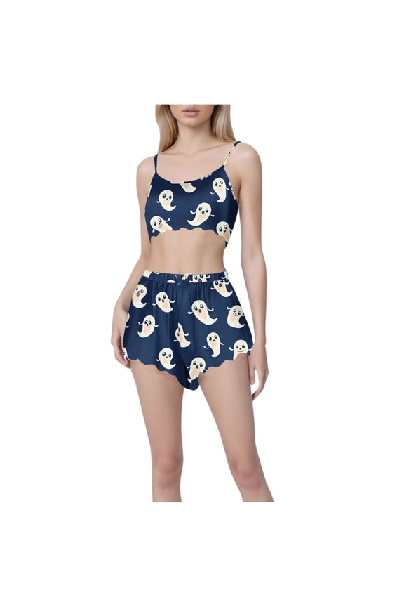Halloween Pajamas Sets for Women Pumpkin Ghost Print Camisole Tank Tops and Shorts Casual Holiday Funny Sleepwear