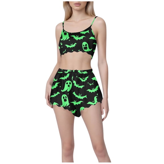 Hvot&aat Halloween Pajamas Sets for Women Pumpkin Ghost Print Camisole Tank Tops and Shorts Casual Holiday Funny Sleepwear