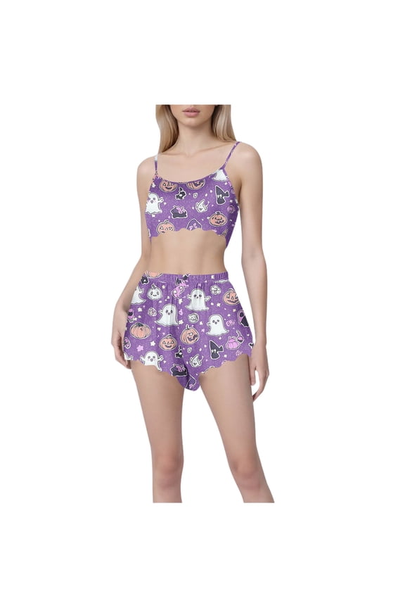 Halloween Pajamas Sets for Women Pumpkin Ghost Print Camisole Tank Tops and Shorts Casual Holiday Funny Sleepwear