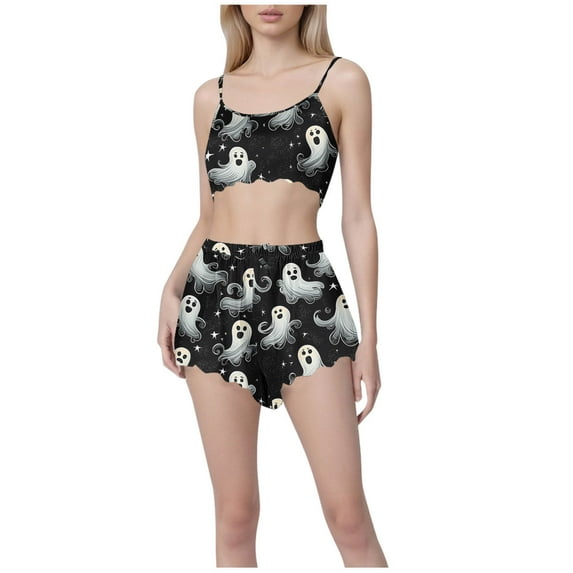 Hvot&aat Halloween Pajamas Sets for Women Pumpkin Ghost Print Camisole Tank Tops and Shorts Casual Holiday Funny Sleepwear