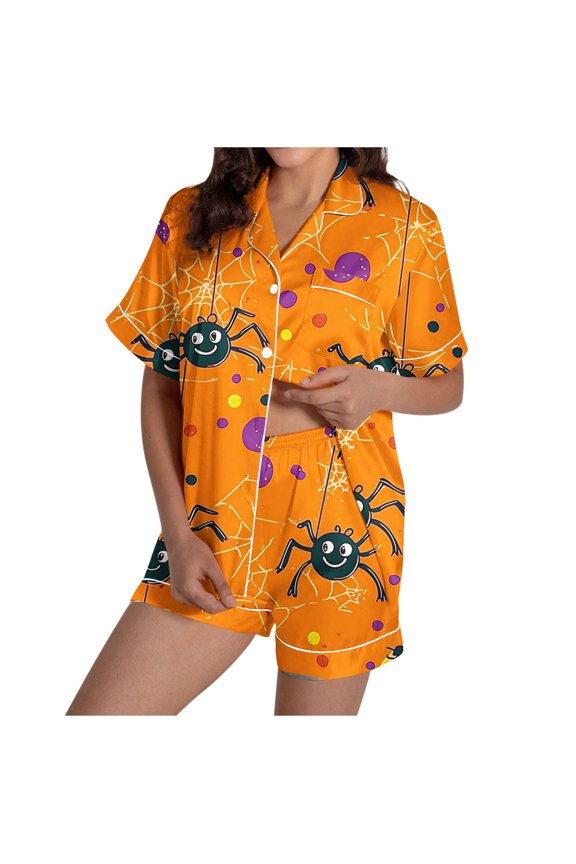 Halloween Pajamas Women Sets Silk Satin Ghost Graphic Cute Sleepwear Short Sleeve Shirts and Shorts Sets