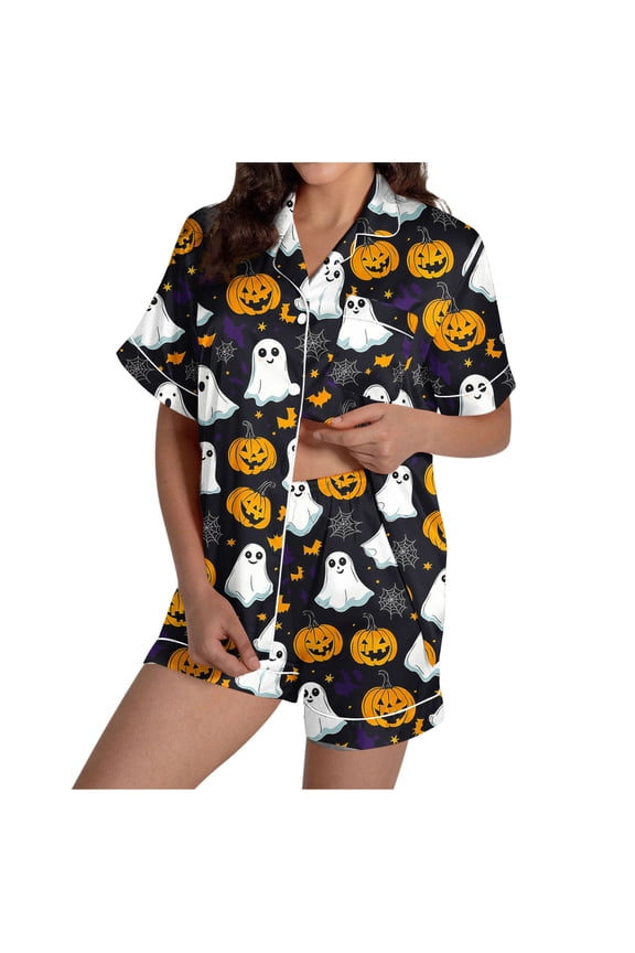 Halloween Pajamas Women Sets Silk Satin Ghost Graphic Cute Sleepwear Short Sleeve Shirts and Shorts Sets