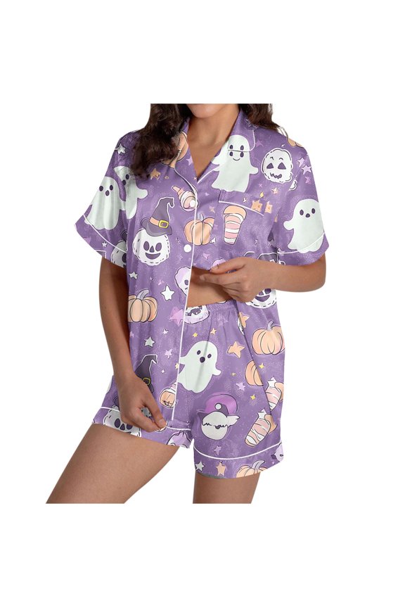 Halloween Pajamas Women Sets Silk Satin Ghost Graphic Cute Sleepwear Short Sleeve Shirts and Shorts Sets