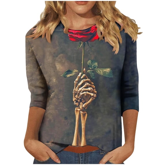 Hvot&aat Halloween Shirts for Women Crew Neck 3/4 Sleeve Slim Fit Tops Pumpkin/Bat/Spiderweb/Ghost Pullover