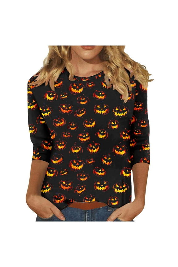 Halloween Shirts for Women Crew Neck 3/4 Sleeve Slim Fit Tops Pumpkin/Bat/Spiderweb/Ghost Pullover