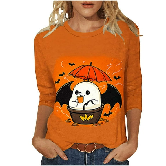 Hvot&aat Halloween Shirts for Women Funny Cute Ghost Graphic Sweatshirts Halloween Pumpkin/Bat/Spiderweb Prints Loose Casual T-Shirts