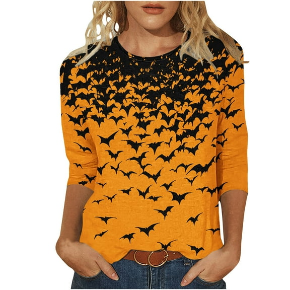 Hvot&aat Halloween Sweatshirts Women Bat Graphic Sweatshirt Slim Fit Crew Neck Long Sleeve T-shirt