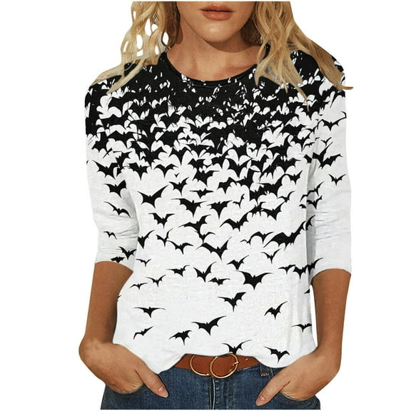 Hvot&aat Halloween Sweatshirts Women Bat Graphic Sweatshirt Slim Fit Crew Neck Long Sleeve T-shirt