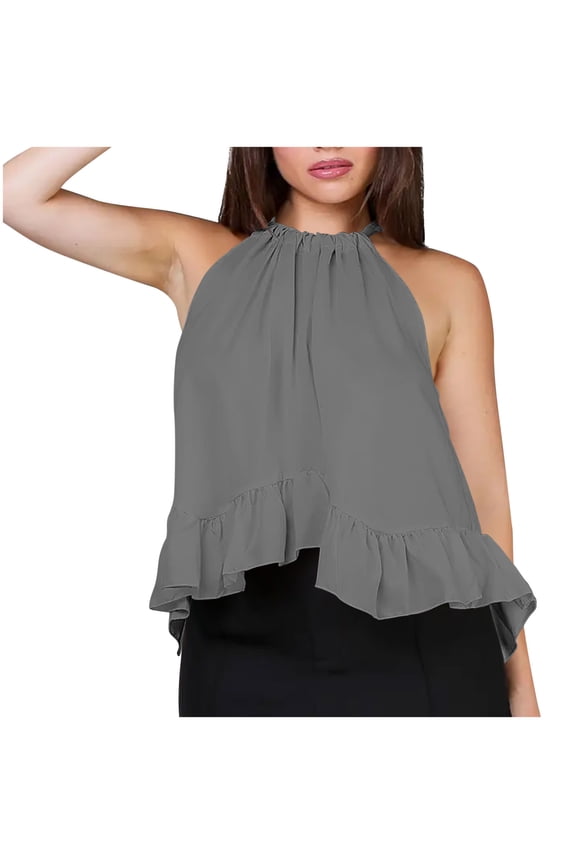 Halter Tops for Women Solid Color Ruffle Hem Flowy Top Sexy Sleeveless Summer Beach Vacation Tank Top