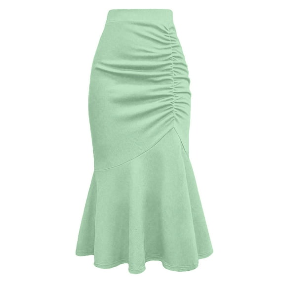 Hvot&aat High Waist Skirts for Women Solid Color Leisure Fold Elastic Waist A-shaped Horn Skirt Long Pencil Skirt