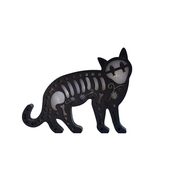 Hvot&aat LED Lighted Wooden Skeleton Black Cat Tabletop Ornament Halloween Spooky Floral Bone Cutout Decor Mantel Indoor Holiday Party Desktop Decoration