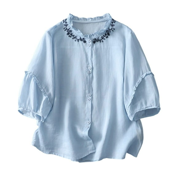 Hvot&aat Lace Half Sleeved Shirts Vintage Ruffled Button Tops Loose Fit Stand Collar Casual Blouse