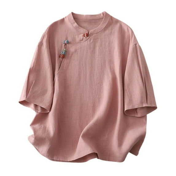 Hvot&aat Lace Half Sleeved Shirts Vintage Ruffled Button Tops Loose Fit Stand Collar Casual Blouse