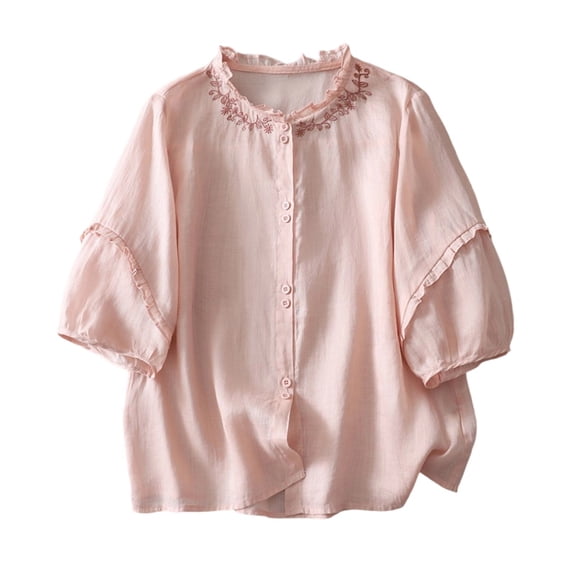 Hvot&aat Lace Half Sleeved Shirts Vintage Ruffled Button Tops Loose Fit Stand Collar Casual Blouse