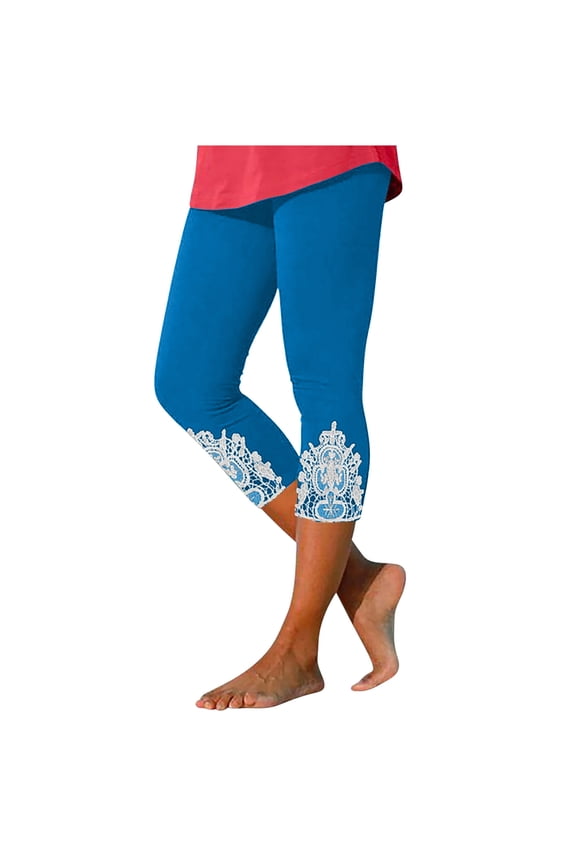 Lace Leggings for Women High Waisted Capri Pants Tummy Control Butt Lifting Yoga Pants Trendy Lace Trim Cropped Pants