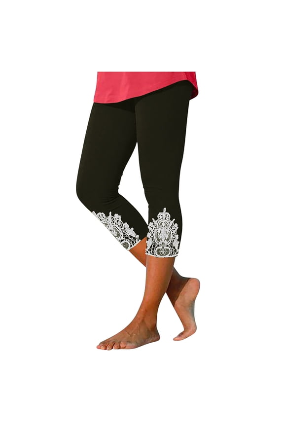 Lace Leggings for Women High Waisted Capri Pants Tummy Control Butt Lifting Yoga Pants Trendy Lace Trim Cropped Pants
