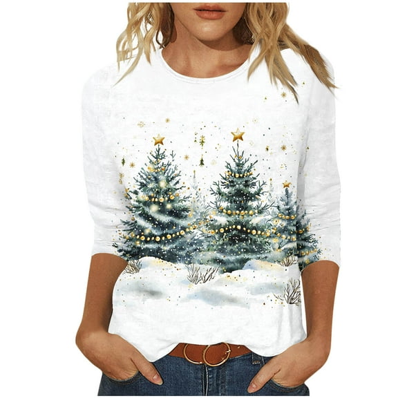 Hvot&aat Ladies' Christmas Printed Loose Casual Round Neck With Three Quarter Sleeves And 3/4 Sleeves T-shirt Pullover Top