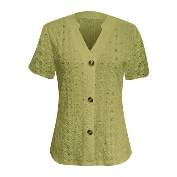 Hvot&aat Ladies Elegant Eyelet Embroidery Short Sleeve Tops Solid Color V Neck Button Casual Blouses