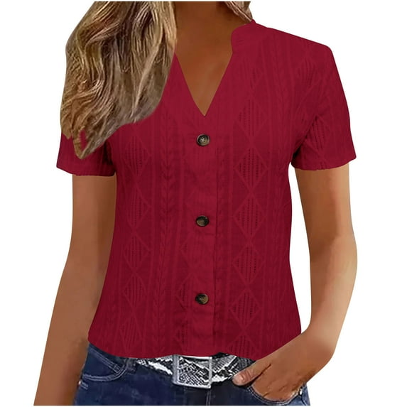 Hvot&aat Ladies Elegant Eyelet Embroidery Short Sleeve Tops Solid Color V Neck Button Casual Blouses
