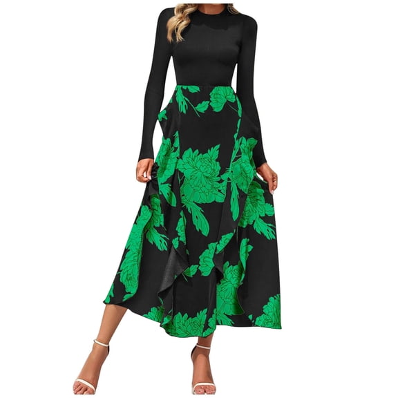 Hvot&aat Ladies Elegant Long Sleeve Dress A-line Floral Flowy Dress Ruffle Cocktail Party Wedding Guests Midi Dress