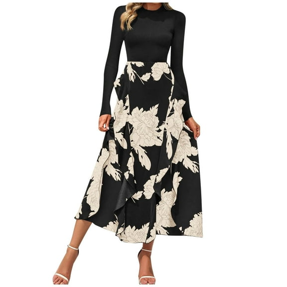 Hvot&aat Ladies Elegant Long Sleeve Dress A-line Floral Flowy Dress Ruffle Cocktail Party Wedding Guests Midi Dress