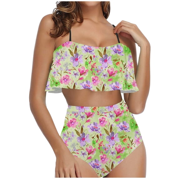 Hvot&aat Ladies Fashion Multicolor Floral Print Split Swimsuit Spaghetti Bandeau Ruffle Swim Top Two Piece Swimwear