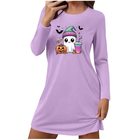 Hvot&aat Ladies' Halloween Cute Funny Mini Dresses Round Neck Long Sleeve Dress Pajamas Sleep Shirts