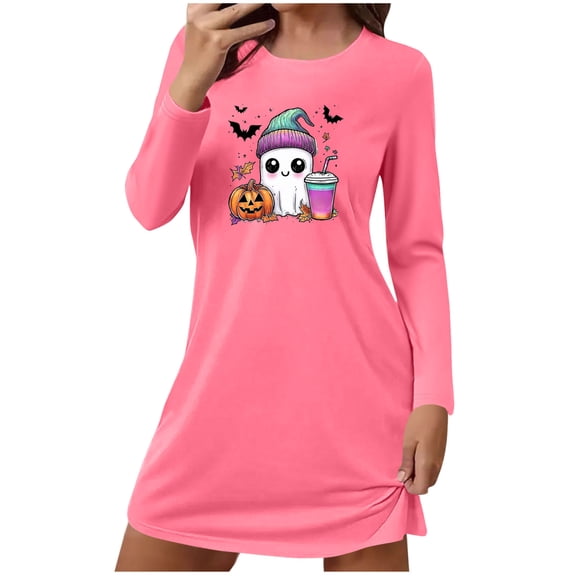 Hvot&aat Ladies' Halloween Cute Funny Mini Dresses Round Neck Long Sleeve Dress Pajamas Sleep Shirts