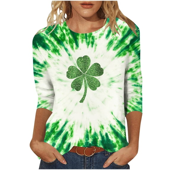 Hvot&aat Ladies' St Patty's Day Casual Shirt 3/4 Sleeve Crewneck Irish Clover Tunic Tops