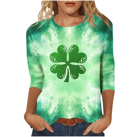 Hvot&aat Ladies' St Patty's Day Casual Shirt 3/4 Sleeve Crewneck Irish Clover Tunic Tops