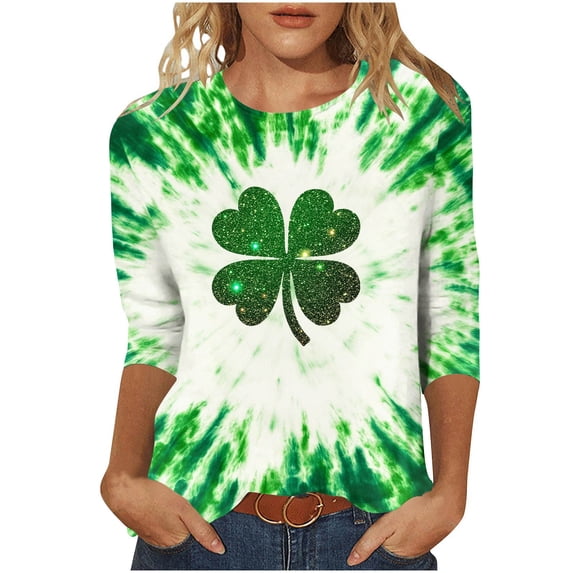 Hvot&aat Ladies' St Patty's Day Casual Shirt 3/4 Sleeve Crewneck Irish Clover Tunic Tops