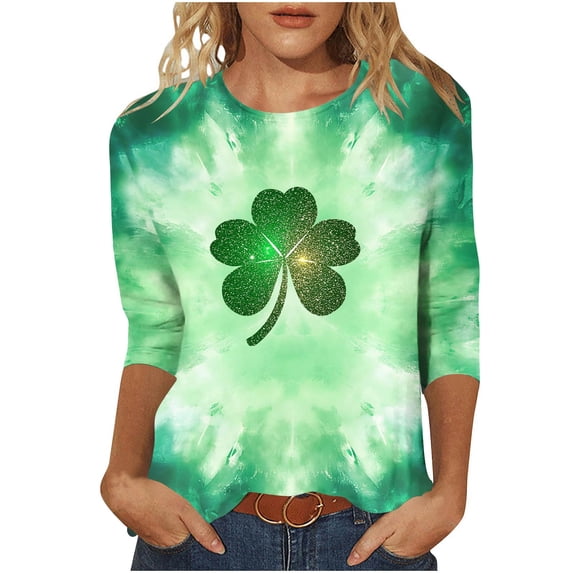 Hvot&aat Ladies' St Patty's Day Casual Shirt 3/4 Sleeve Crewneck Irish Clover Tunic Tops
