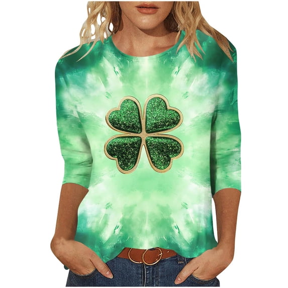 Hvot&aat Ladies' St Patty's Day Casual Shirt 3/4 Sleeve Crewneck Irish Clover Tunic Tops