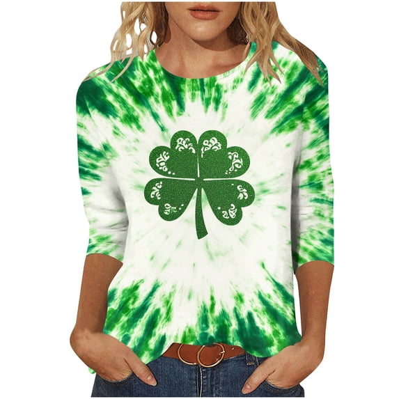 Hvot&aat Ladies' St Patty's Day Casual Shirt 3/4 Sleeve Crewneck Irish Clover Tunic Tops