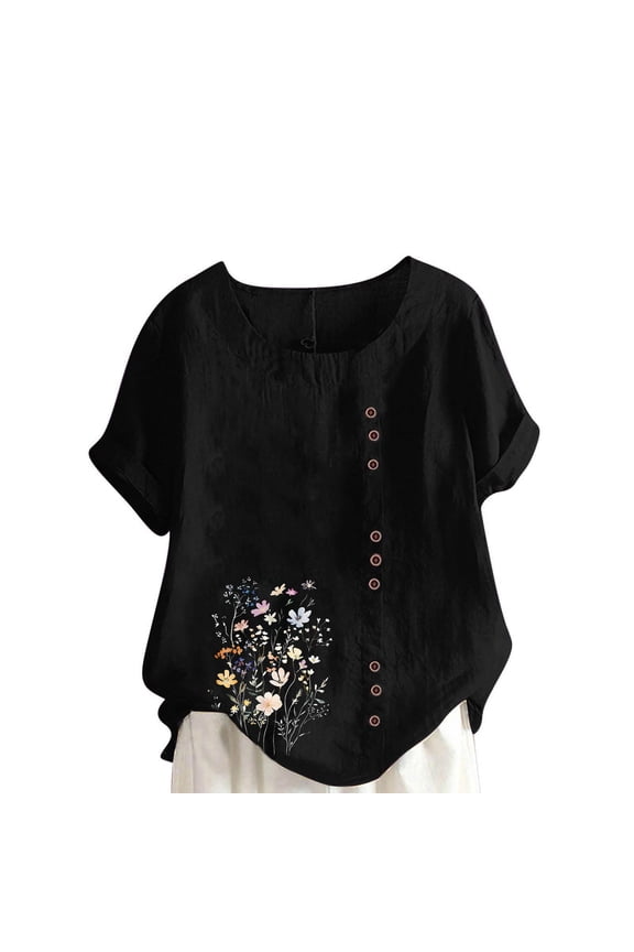 Linen Tops for Women Casual Loose Fit Vintage Boho Blouse Oversize Crewneck Short Sleeve T-Shirts