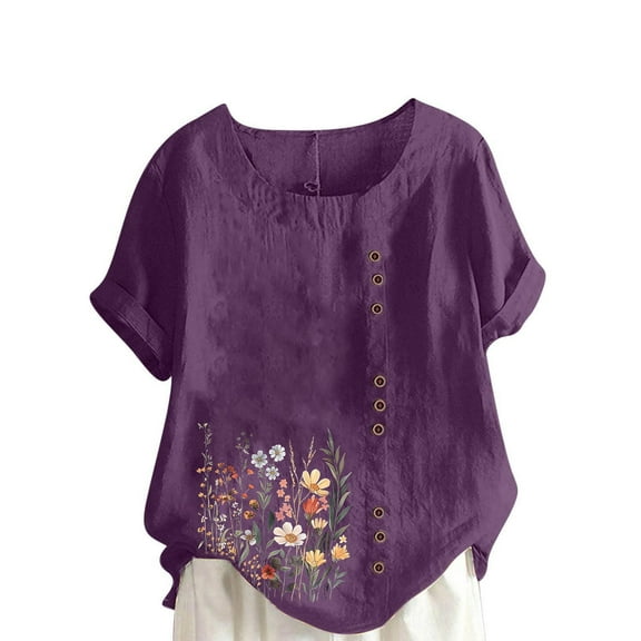 Hvot&aat Linen Tops for Women Casual Loose Fit Vintage Boho Blouse Oversize Crewneck Short Sleeve T-Shirts