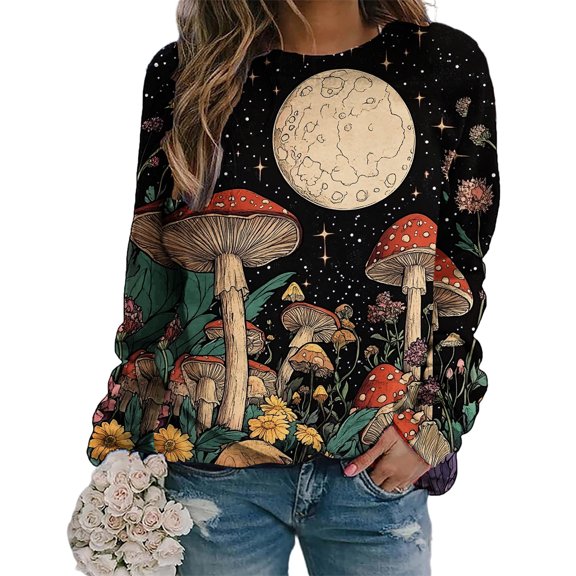 Hvot&aat Long Sleeve Shirts for Women Mushroom Graphic Sweatshirts Casual Crewneck Fall Pullover