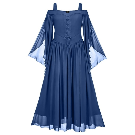 Hvot&aat Medieval Gothic Prom Dress for Women Halloween Retro Lace-up Croset Cold Shoulder Flare Sleeve Cocktail Party Dresses