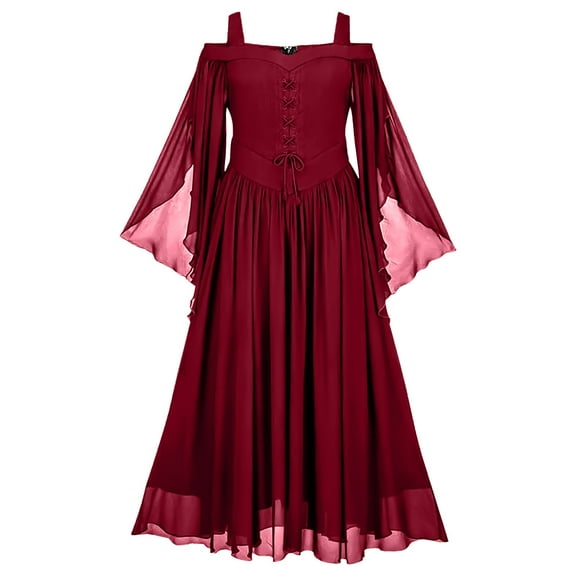 Hvot&aat Medieval Gothic Prom Dress for Women Halloween Retro Lace-up Croset Cold Shoulder Flare Sleeve Cocktail Party Dresses