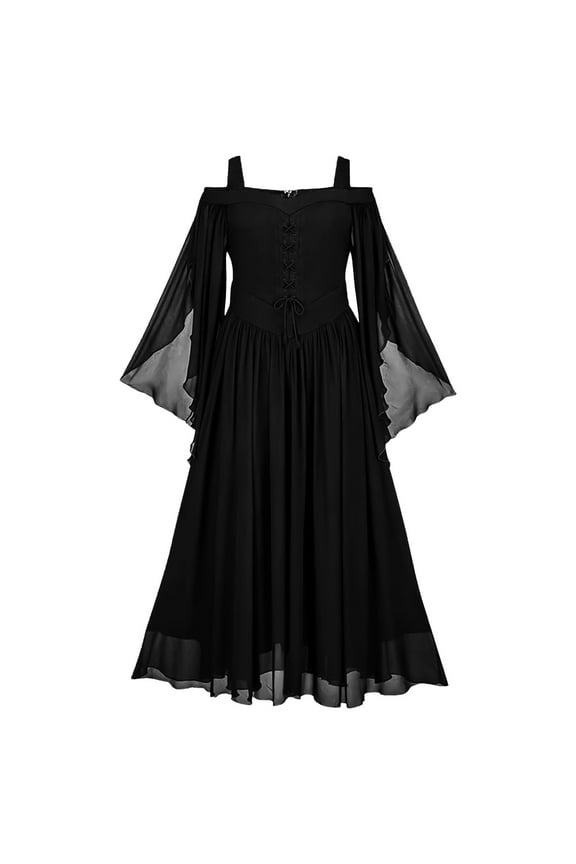Medieval Gothic Prom Dress for Women Halloween Retro Lace-up Croset Cold Shoulder Flare Sleeve Cocktail Party Dresses