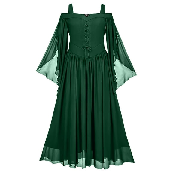 Hvot&aat Medieval Gothic Prom Dress for Women Halloween Retro Lace-up Croset Cold Shoulder Flare Sleeve Cocktail Party Dresses
