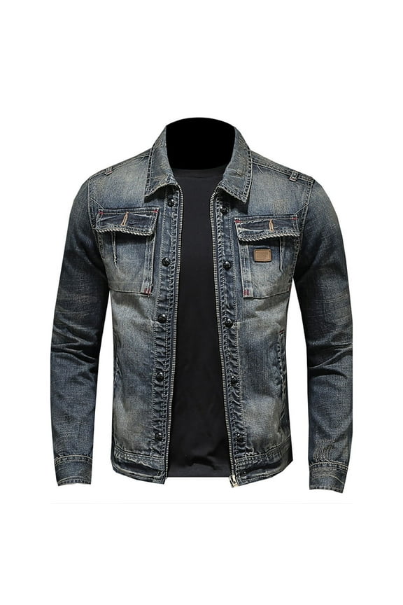 Men's Button Down Denim Jacket Lapel Flex Stretch Casual Coats Trucker Biker Jeans Jacket with Pockets